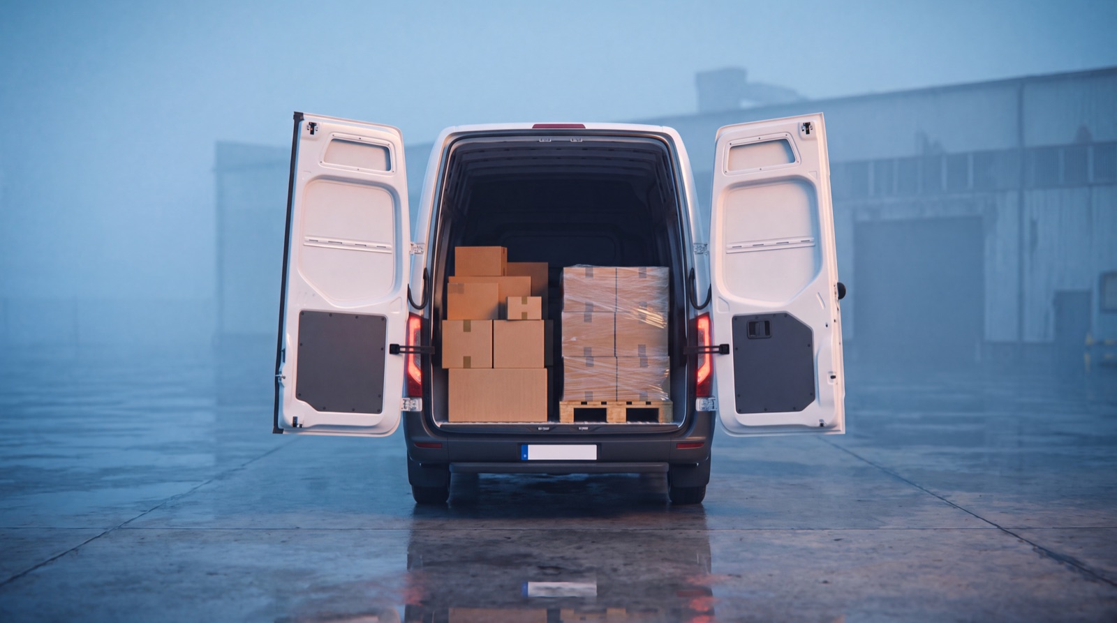 Beladener Transporter mit geöffneten Hecktüren – Kartons und eine Palette fachgerecht verstaut